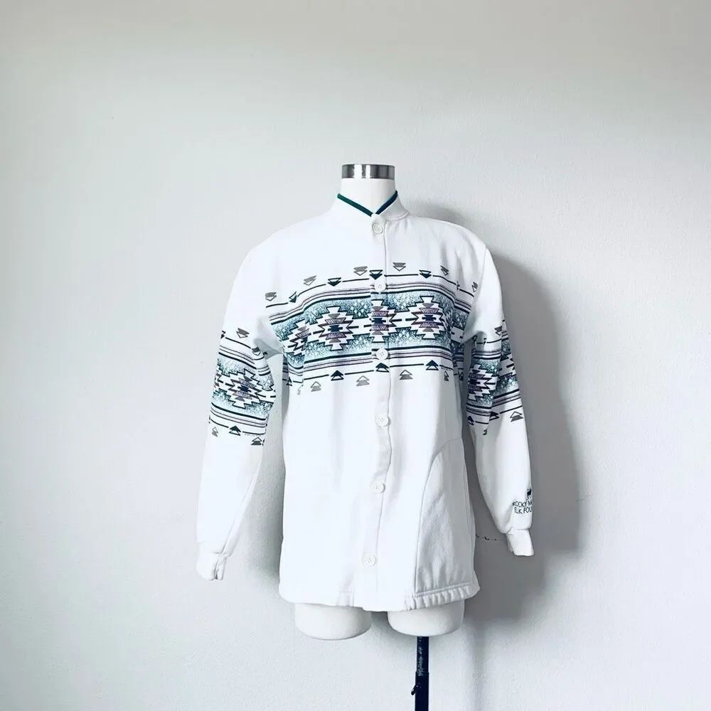 Vintage 1990s Art Unlimited White Sweatshirt Pullover Cardigan Aztec M